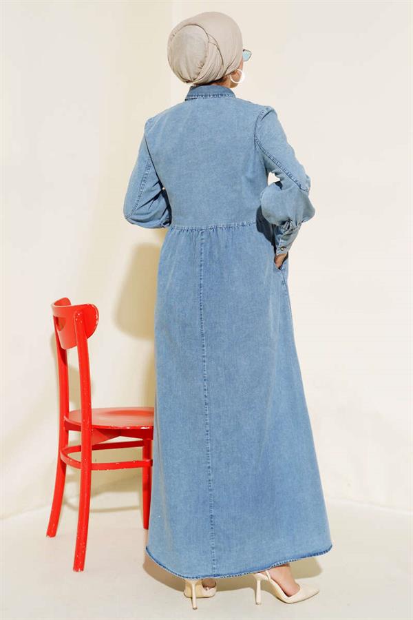 Half Button Front Denim Dress Denim Blue