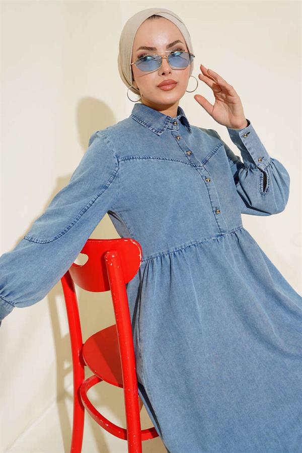 Half Button Front Denim Dress Denim Blue