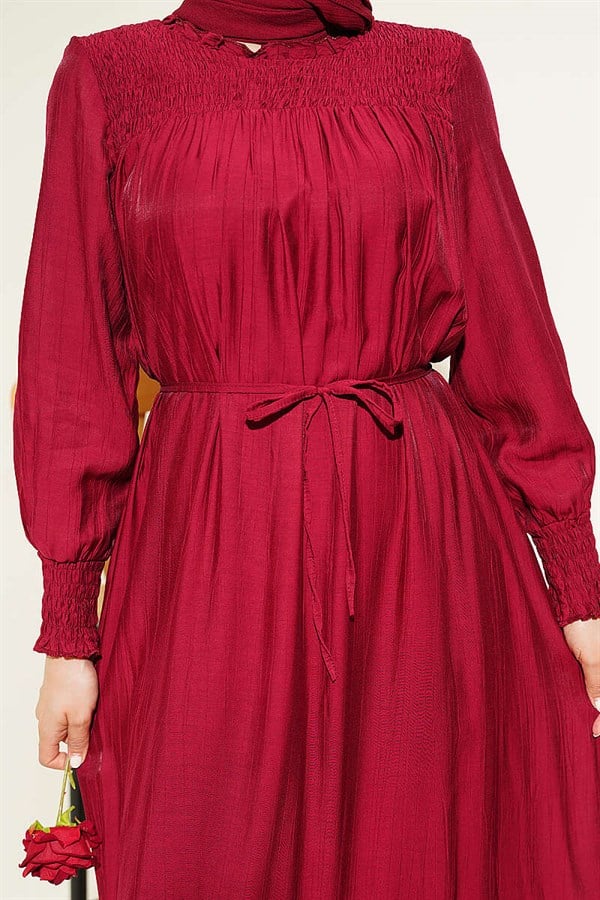 Burgundy Ruffled Dress with Gipetli Front and Cuff Details