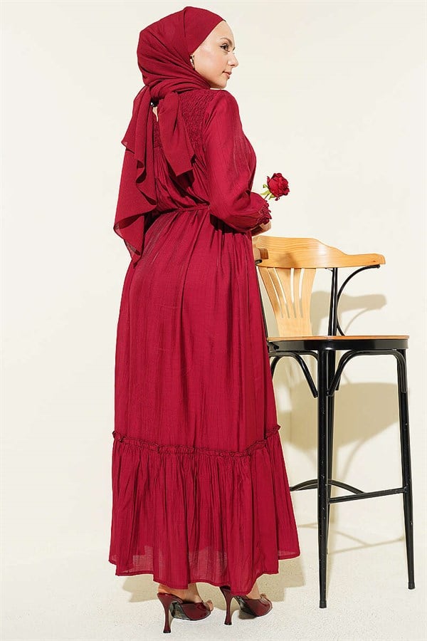 Burgundy Ruffled Dress with Gipetli Front and Cuff Details