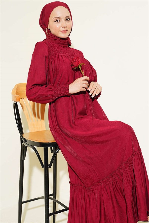 Burgundy Ruffled Dress with Gipetli Front and Cuff Details