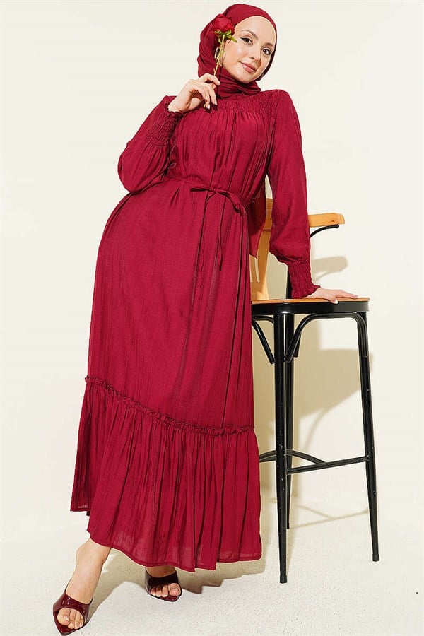 Burgundy Ruffled Dress with Gipetli Front and Cuff Details