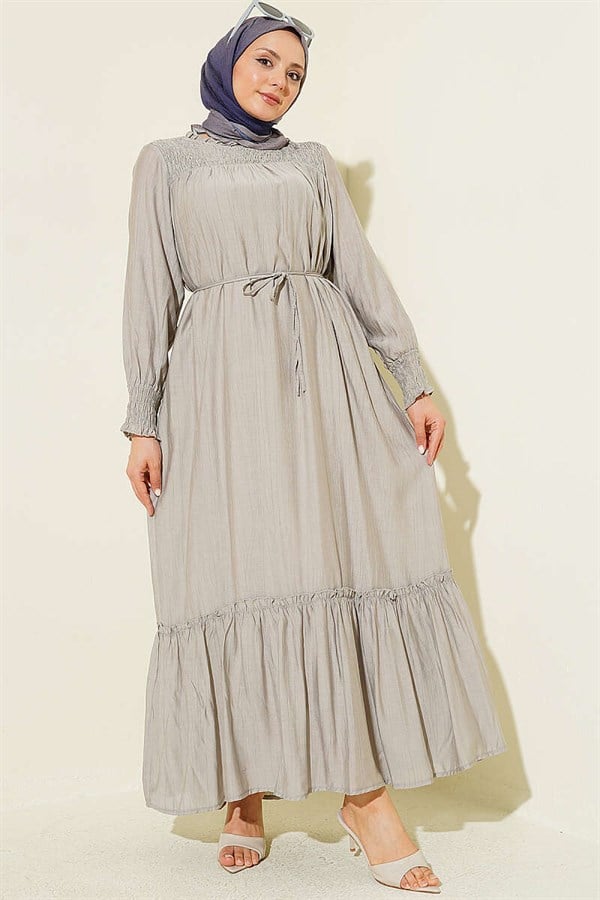Grey Ruffled Dress with Glides at the Front and Ankles