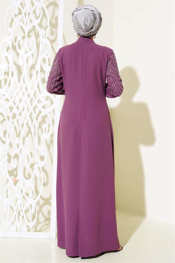 Front and Sleeve Stone Embellished Dress Magenta