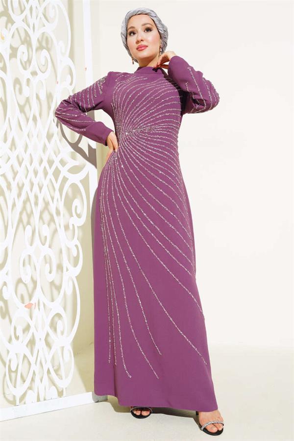 Front and Sleeve Stone Embellished Dress Magenta