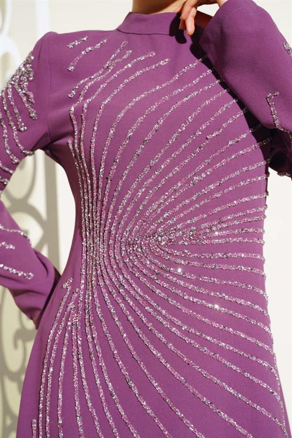 Front and Sleeve Stone Embellished Dress Magenta