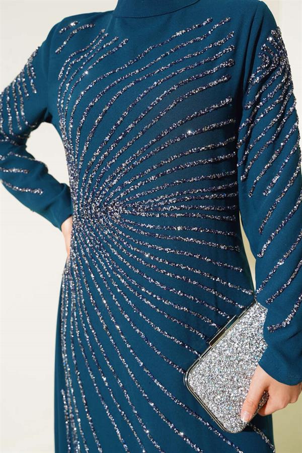 Front and Sleeve Stone Embellished Dress Petrol