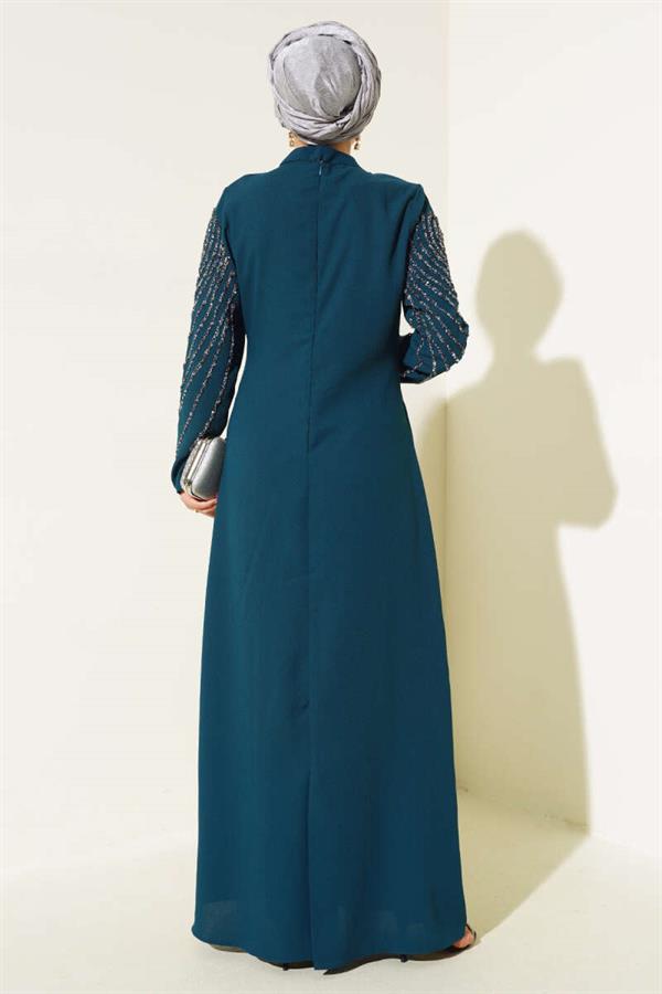 Front and Sleeve Stone Embellished Dress Petrol
