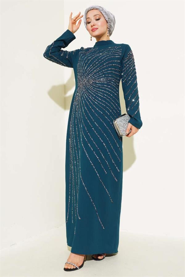 Front and Sleeve Stone Embellished Dress Petrol