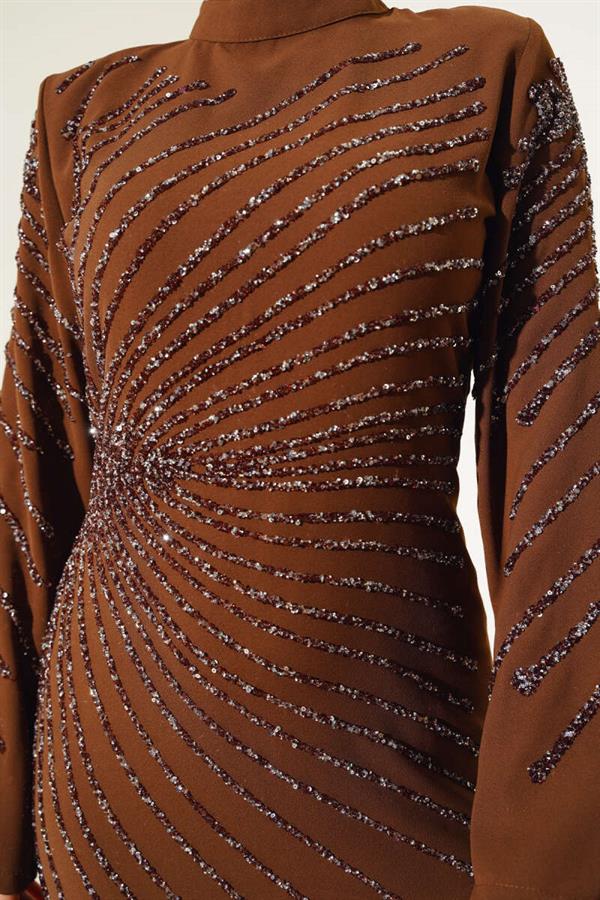 Front and Sleeve Stone Embellished Dress Tan