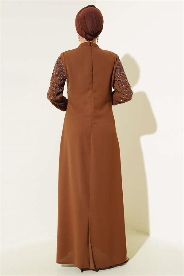 Front and Sleeve Stone Embellished Dress Tan