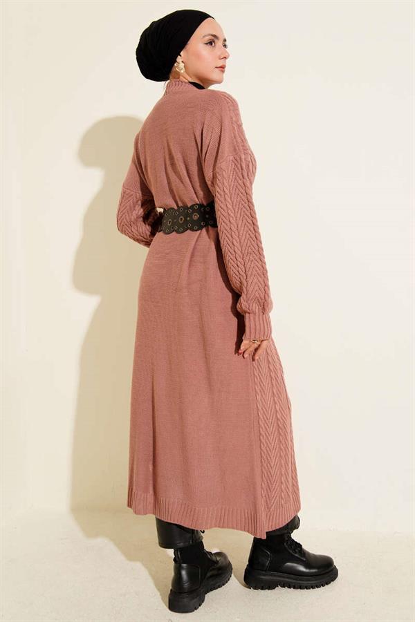 Knitted Shirred Long Knitwear Cardigan Dusty Rose