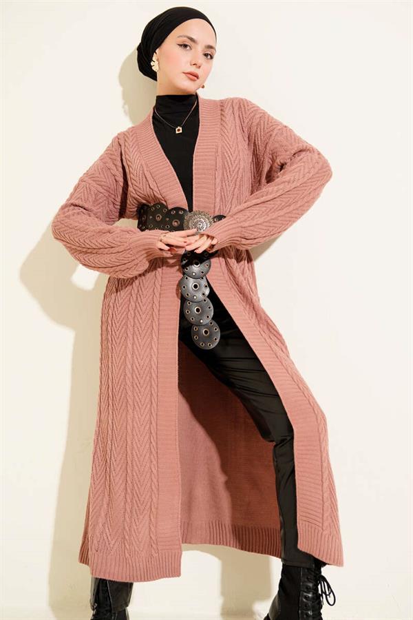 Knitted Shirred Long Knitwear Cardigan Dusty Rose