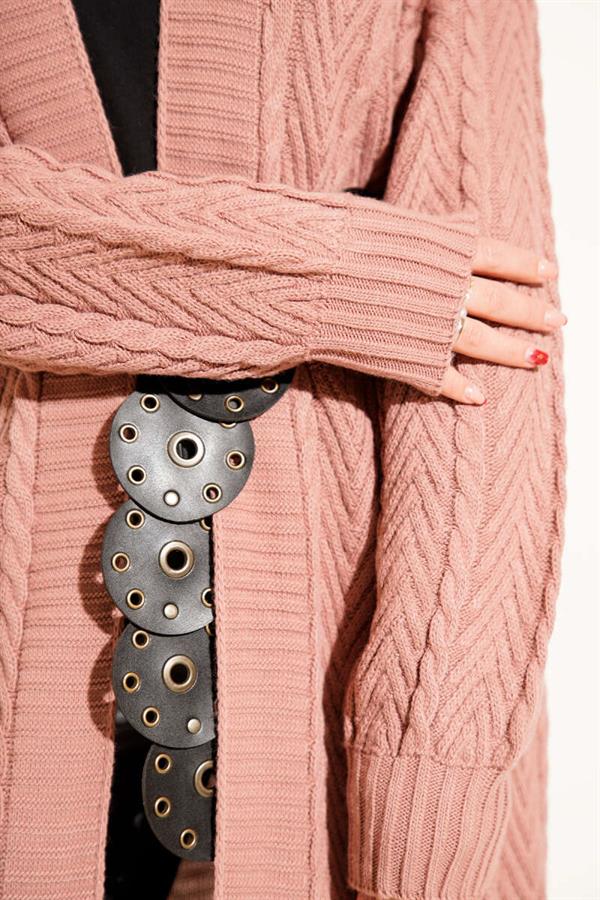 Knitted Shirred Long Knitwear Cardigan Dusty Rose
