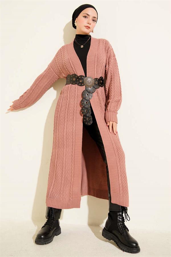 Knitted Shirred Long Knitwear Cardigan Dusty Rose