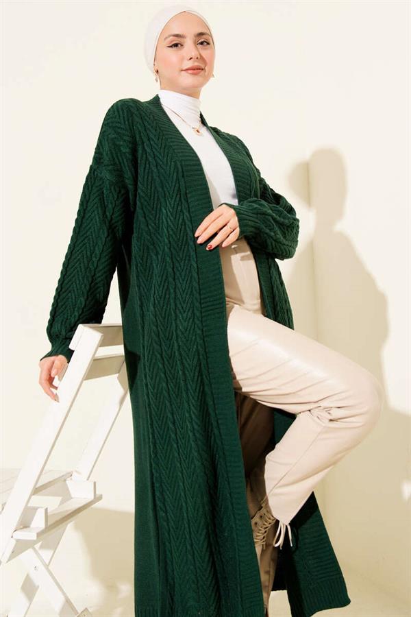 Knitted Gathered Long Knitwear Cardigan Emerald Green