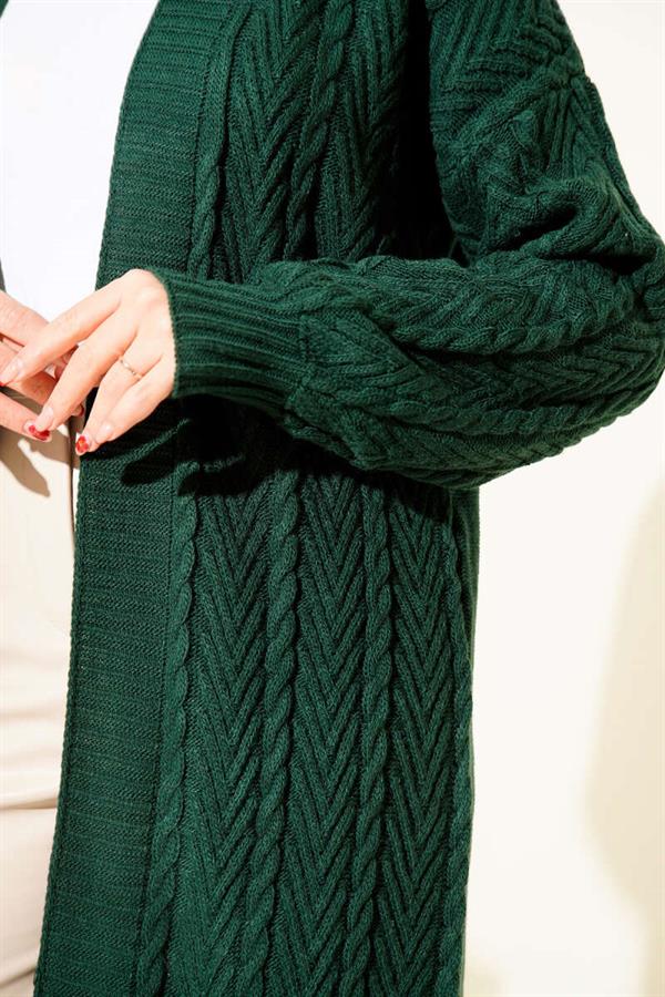 Knitted Gathered Long Knitwear Cardigan Emerald Green