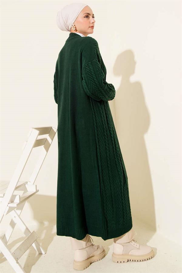 Knitted Gathered Long Knitwear Cardigan Emerald Green