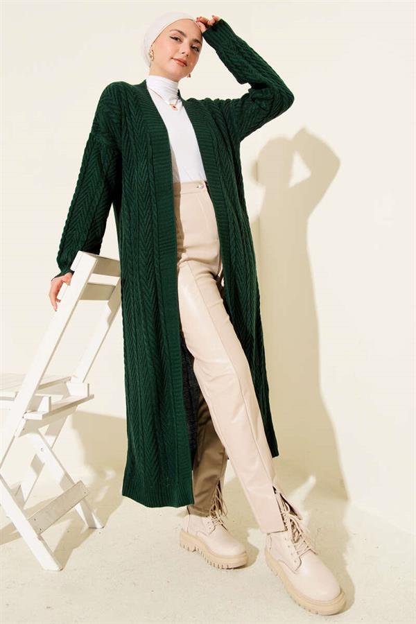 Knitted Gathered Long Knitwear Cardigan Emerald Green