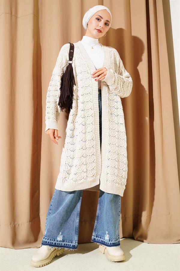 Knitted Pattern Detailed Knitwear Cardigan Beige