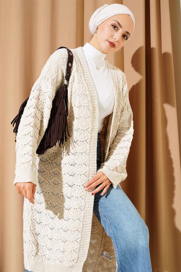 Knitted Pattern Detailed Knitwear Cardigan Beige
