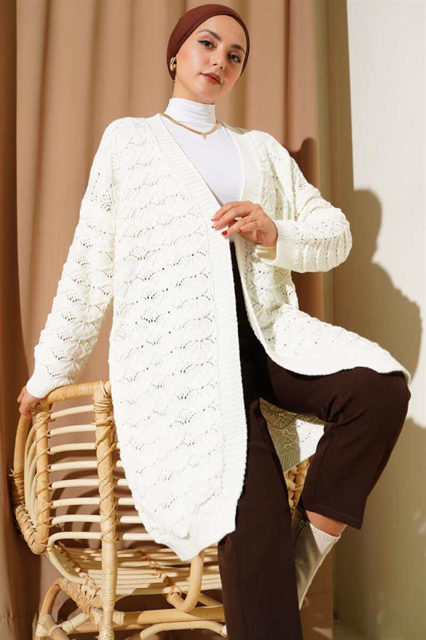 Knitted Pattern Detailed Knitwear Cardigan Ecru