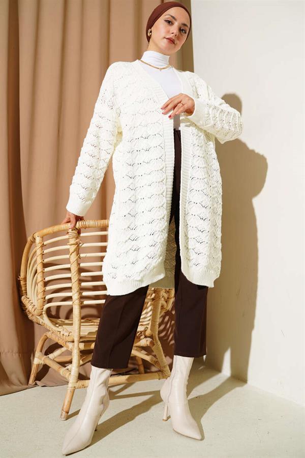 Knitted Pattern Detailed Knitwear Cardigan Ecru