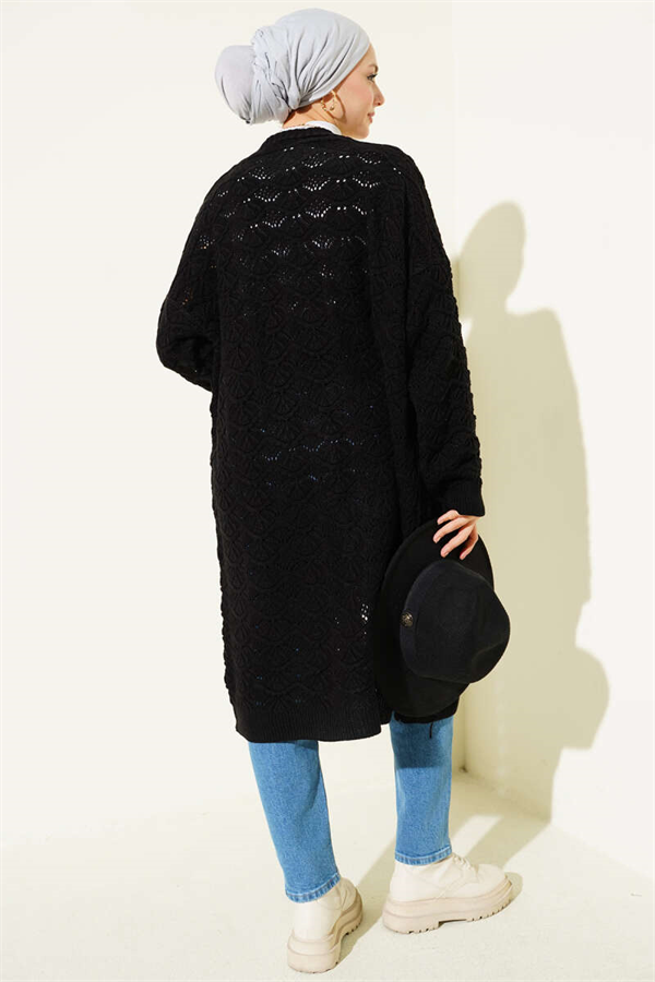 Knitted Cardigan with Knitted Pattern Detail, Black