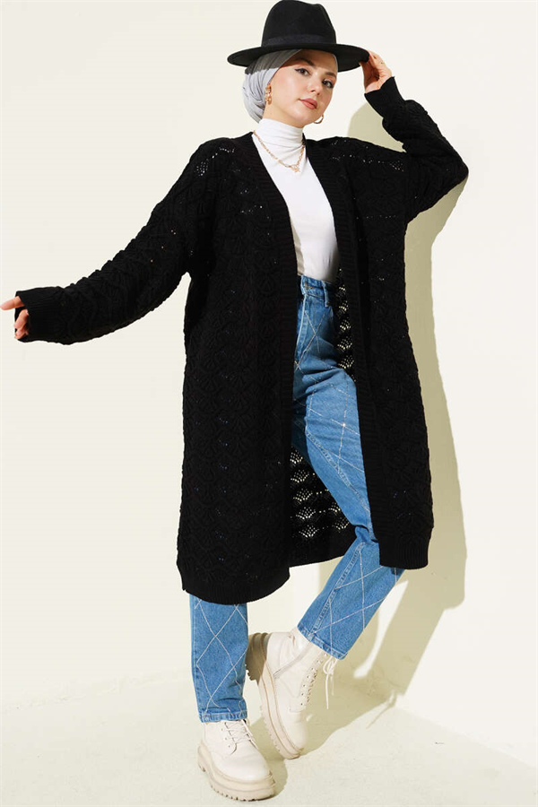 Knitted Cardigan with Knitted Pattern Detail, Black