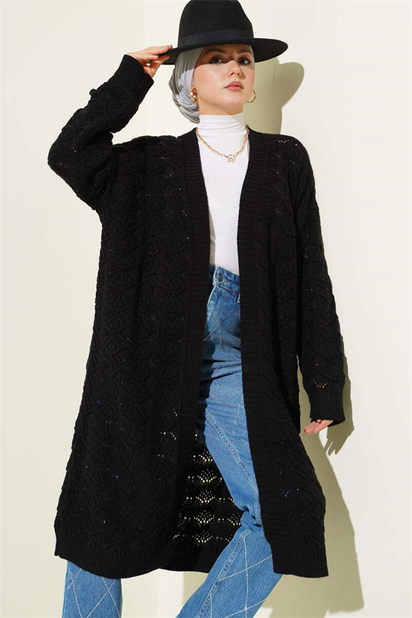 Knitted Cardigan with Knitted Pattern Detail, Black