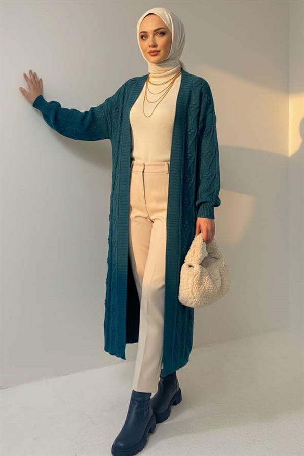Knitted Embossed Patterned Long Knitwear Cardigan in Petrol