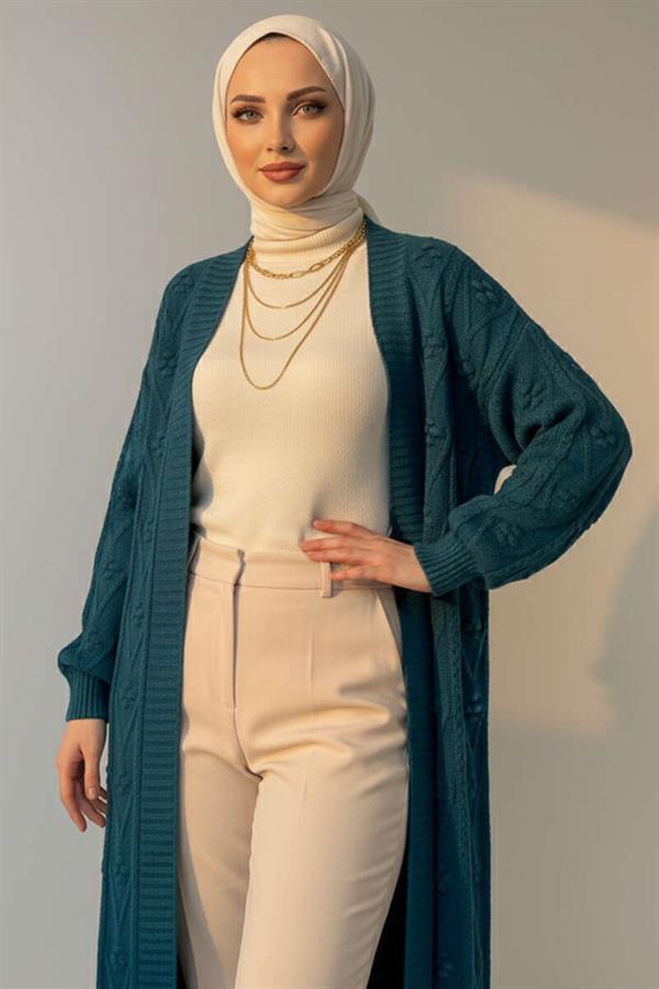 Knitted Embossed Patterned Long Knitwear Cardigan in Petrol