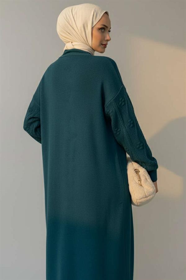 Knitted Embossed Patterned Long Knitwear Cardigan in Petrol