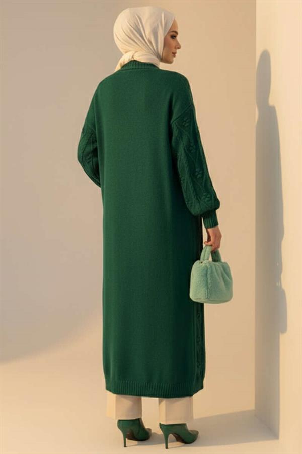 Knitted Embossed Patterned Long Knitwear Cardigan Emerald