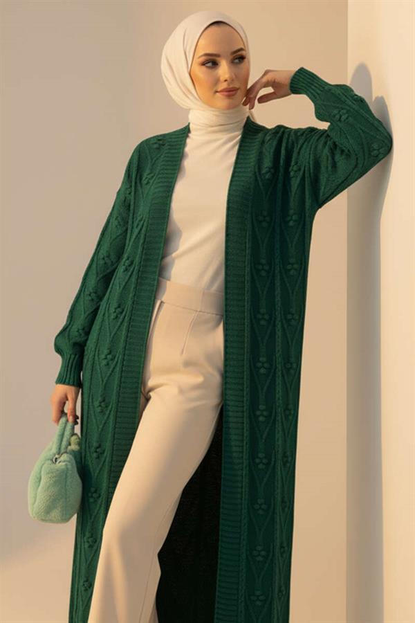 Knitted Embossed Patterned Long Knitwear Cardigan Emerald