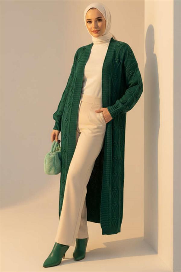 Knitted Embossed Patterned Long Knitwear Cardigan Emerald