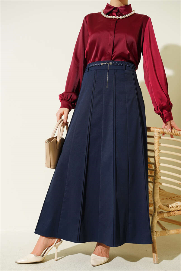 Navy Blue Knitted Belted Skirt