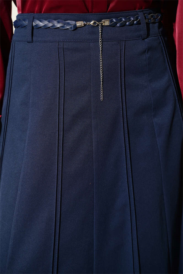 Navy Blue Knitted Belted Skirt
