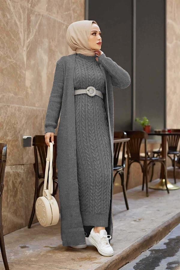 Knitted Cardigan Suit Gray