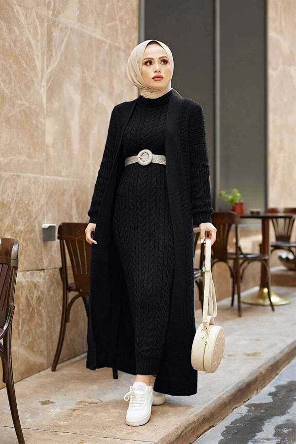 Knitted Cardigan Suit Black