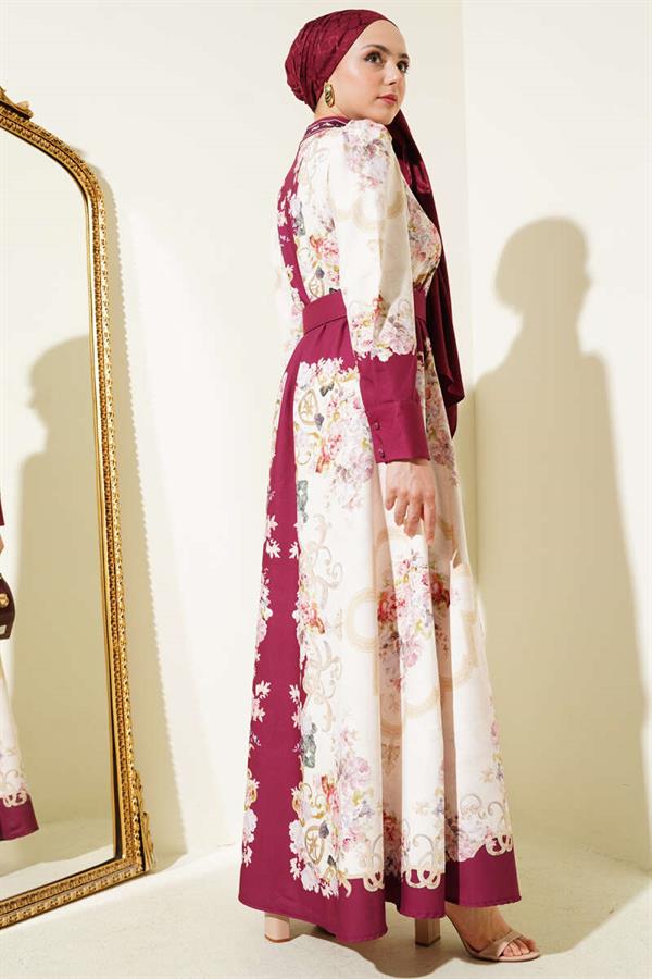 Authentic Pattern Buttoned Dress in Burgundy