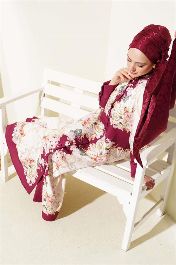 Authentic Pattern Buttoned Dress in Burgundy