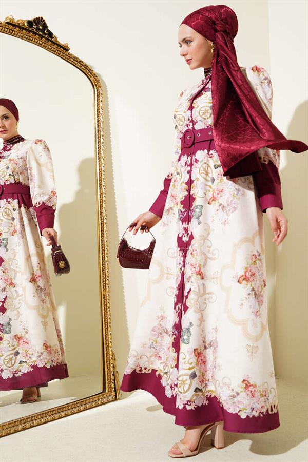 Authentic Pattern Buttoned Dress in Burgundy