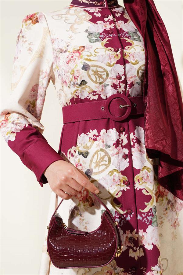 Authentic Pattern Buttoned Dress in Burgundy