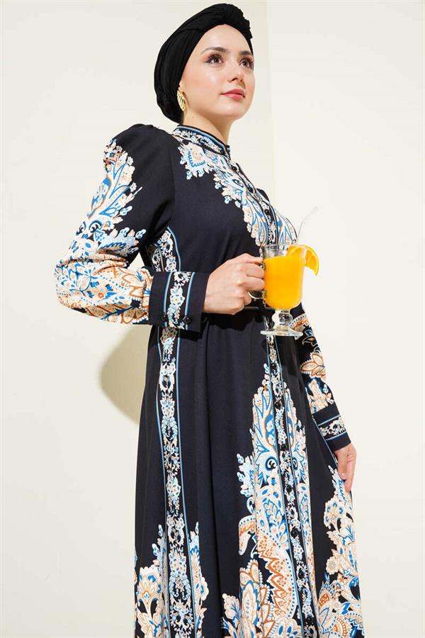 Authentic Pattern Buttoned Dress Black