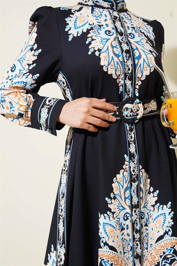 Authentic Pattern Buttoned Dress Black