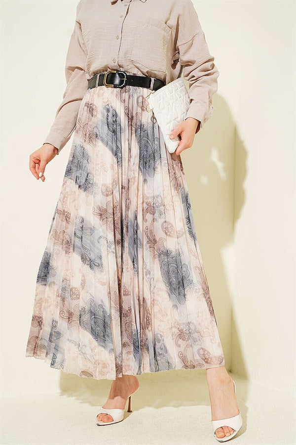 Authentic Patterned Pleated Belted Skirt, Smoke Grey