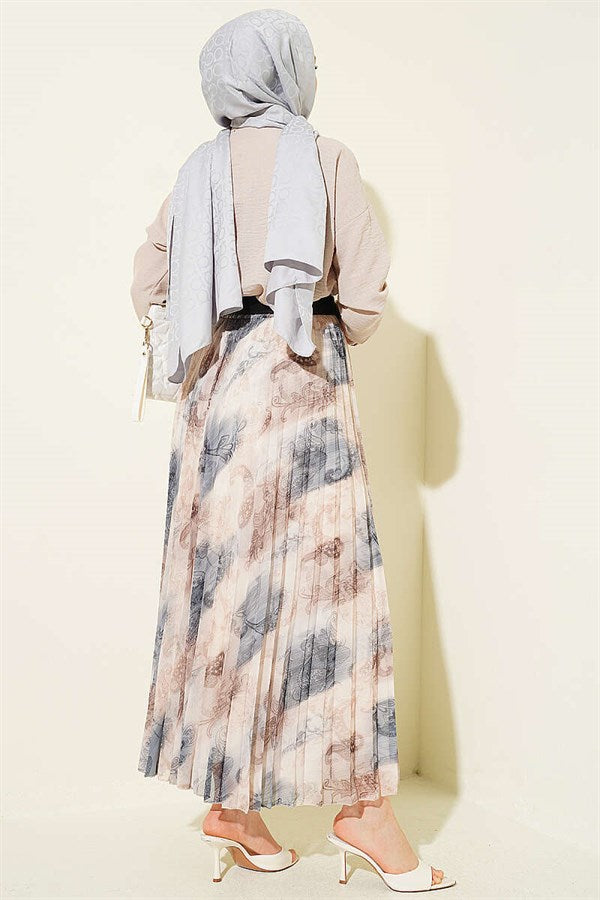 Authentic Patterned Pleated Belted Skirt, Smoke Grey