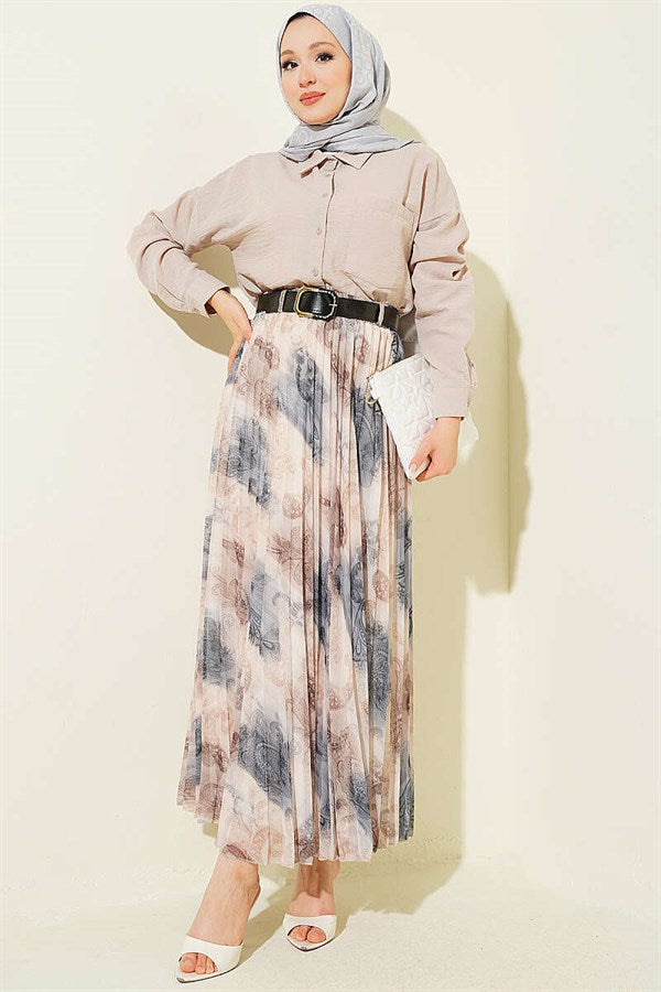 Authentic Patterned Pleated Belted Skirt, Smoke Grey