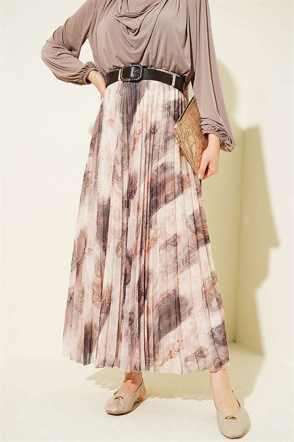 Authentic Patterned Pleated Belted Skirt in Brown